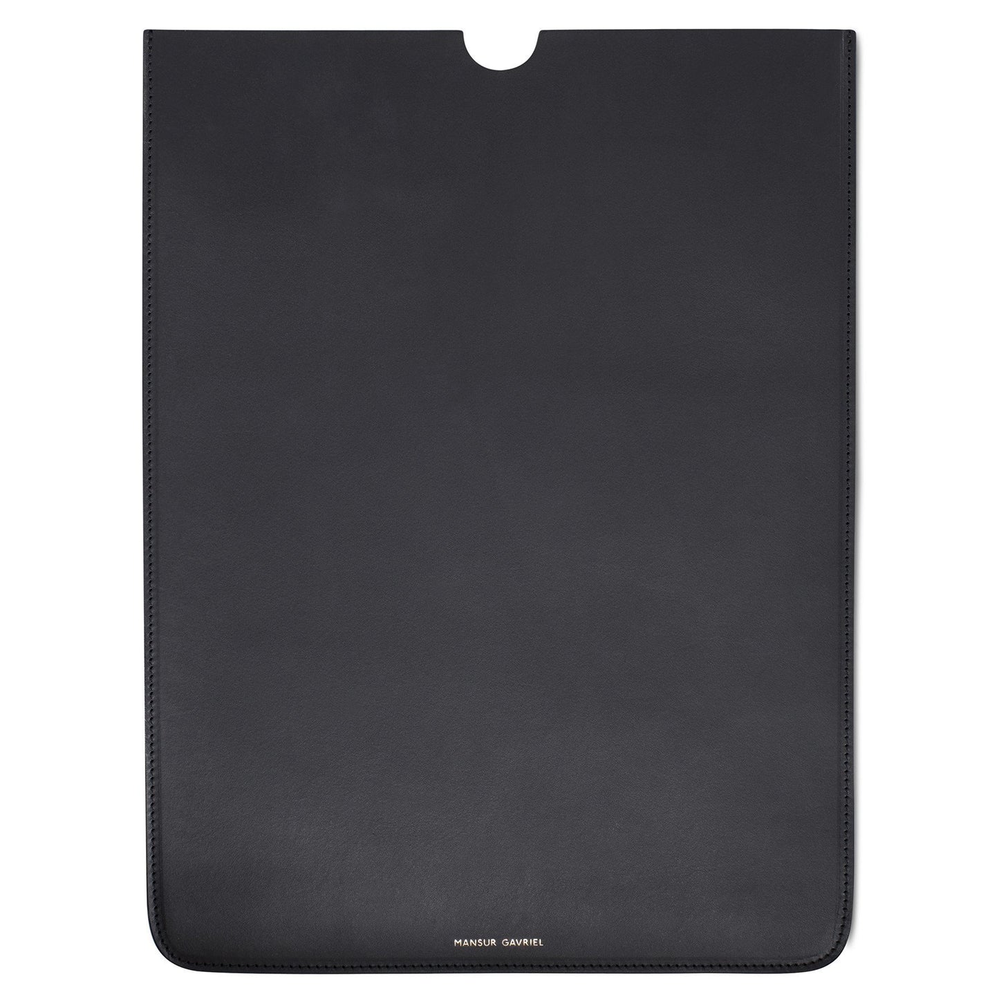 Italian vegetable tanned leather black 11" laptop sleeve with navy matte patent interior.