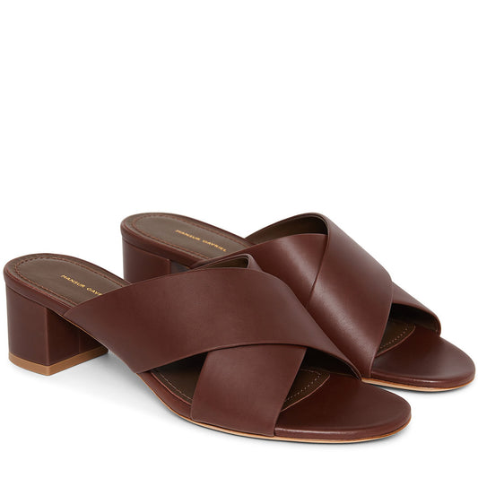 Calf 40mm Crossover Sandal - Chocolate - Mansur Gavriel. Designed in NYC, made in Italy.