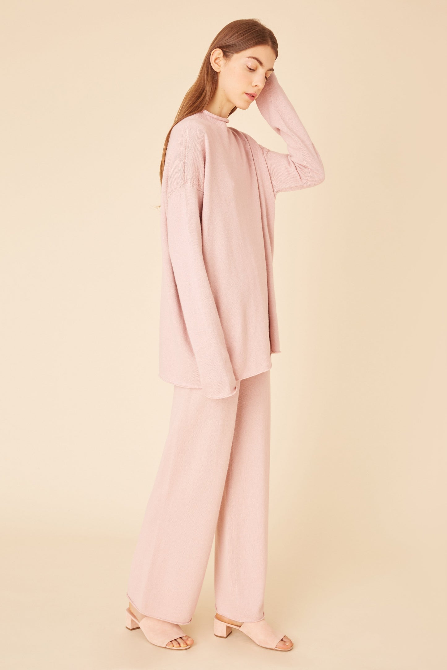 Italian alpaca silk light pink oversized funnel neck.