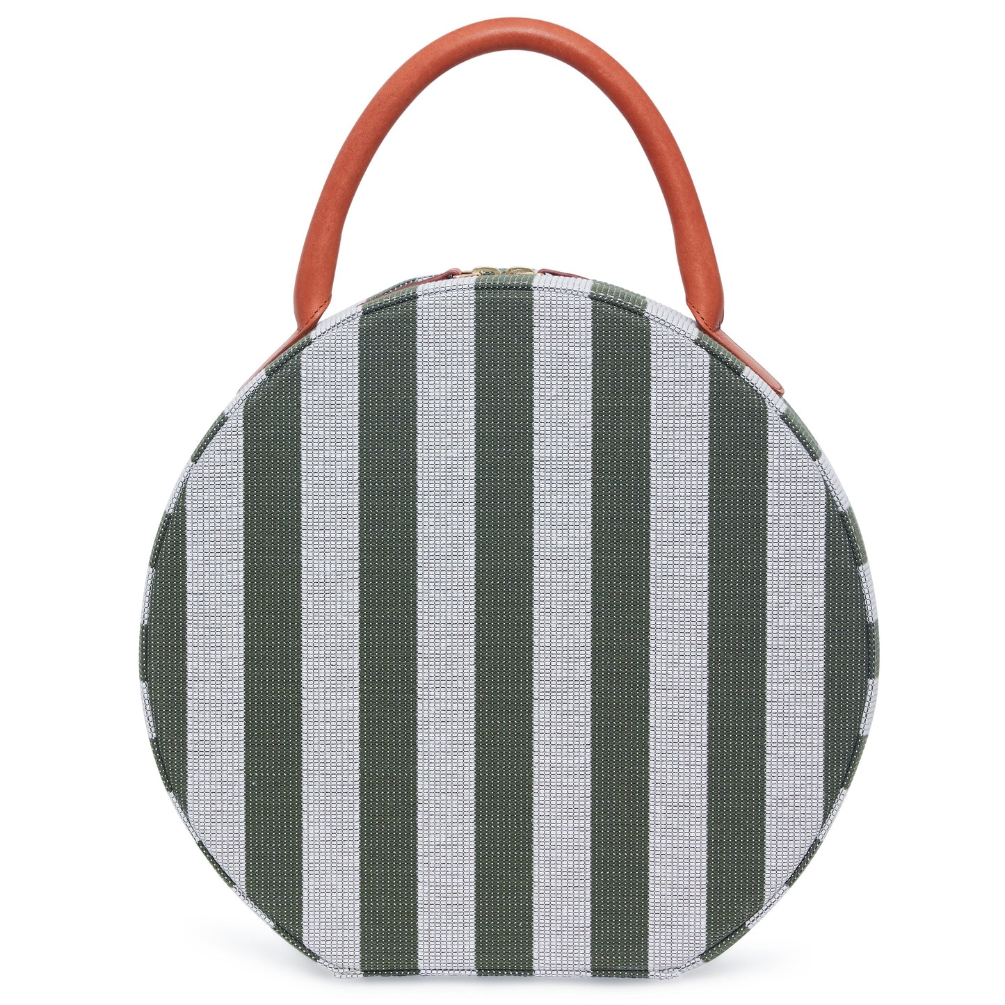 Italian cotton canvas moss and white stripe circle bag with beige canvas interior.