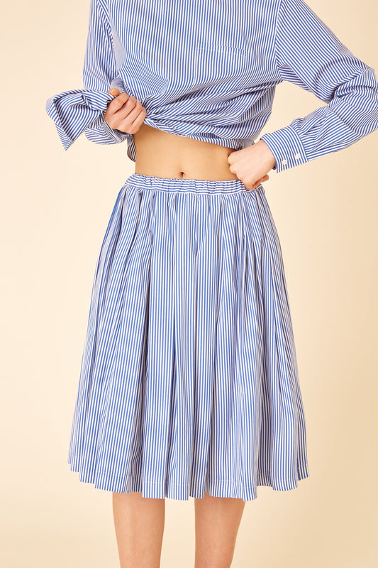 Cotton Stripe Pleated Skirt - Blu/White