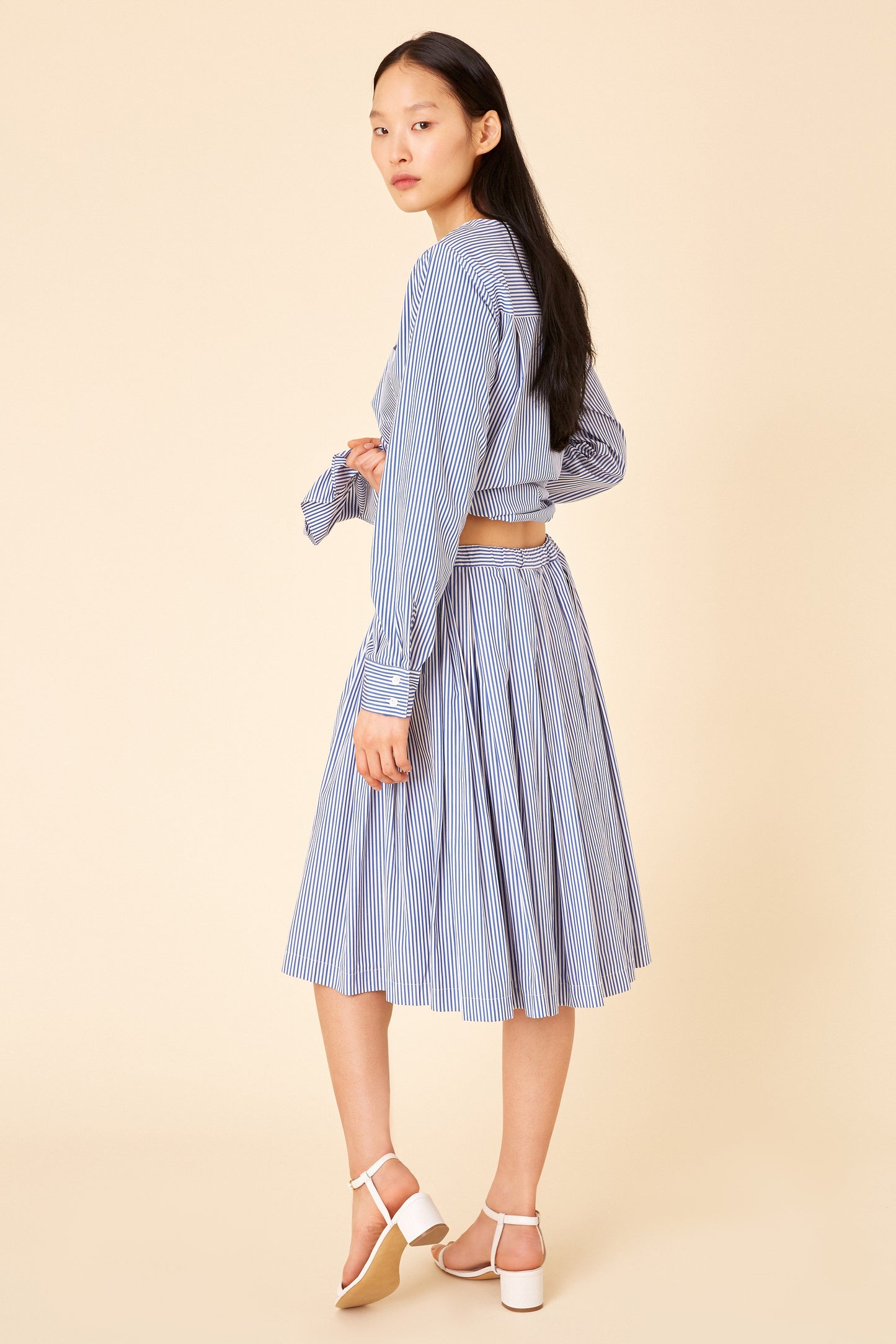 Italian cotton navy and white striped pleated skirt.