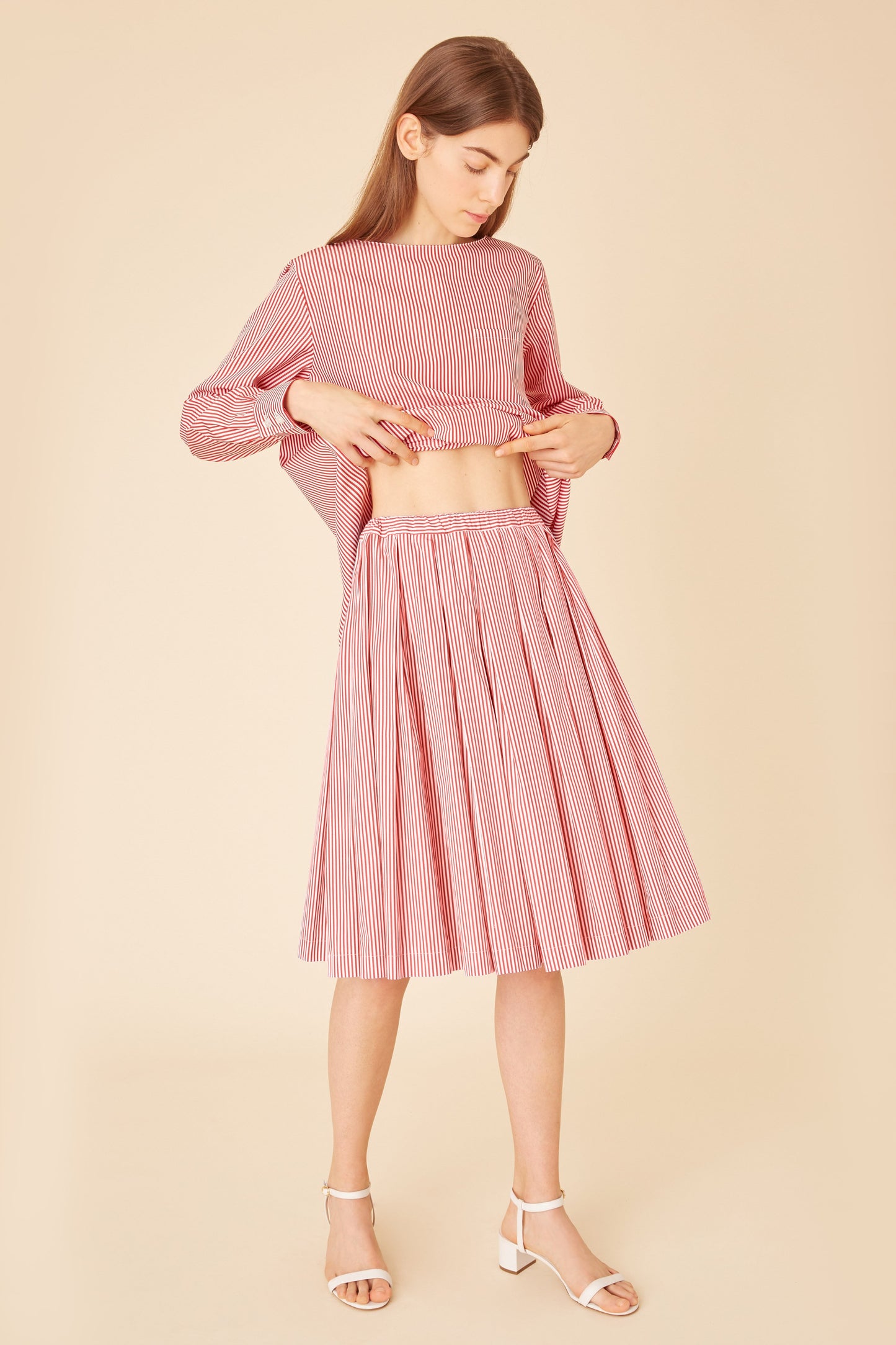 Italian cotton red and white striped pleated skirt.