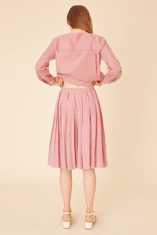 Cotton Stripe Pleated Skirt - Flamma/White