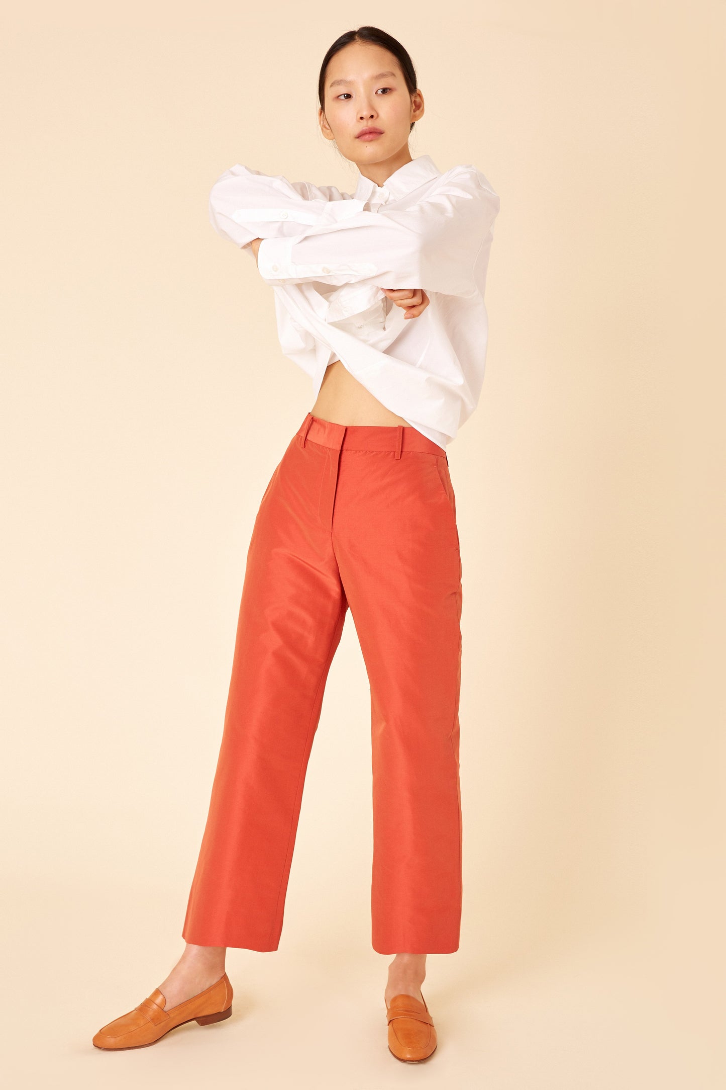 Italian cotton silk taffeta brick straight pant.