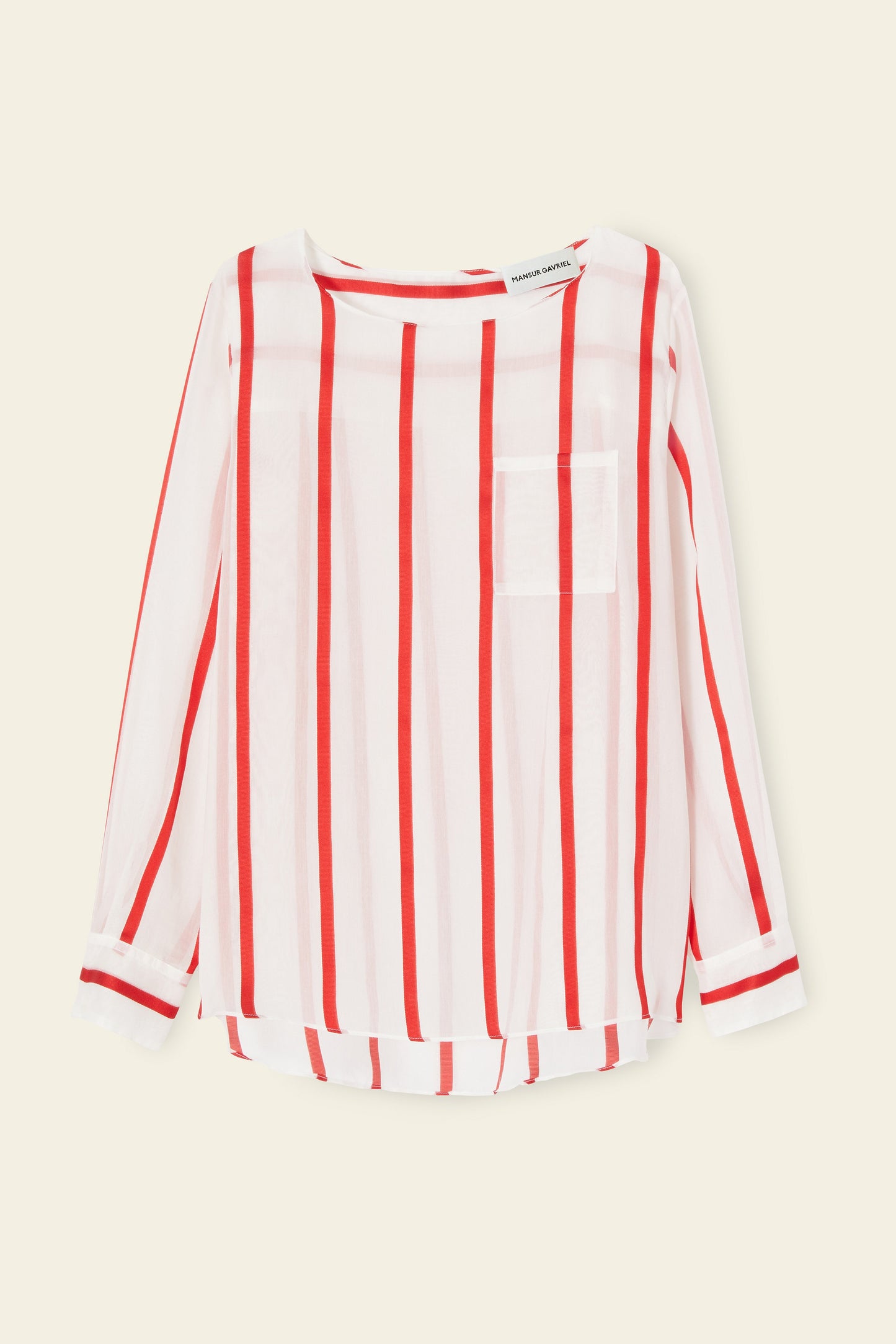 Cotton Silk Voile Stripe Collarless Shirt - Flamma/White