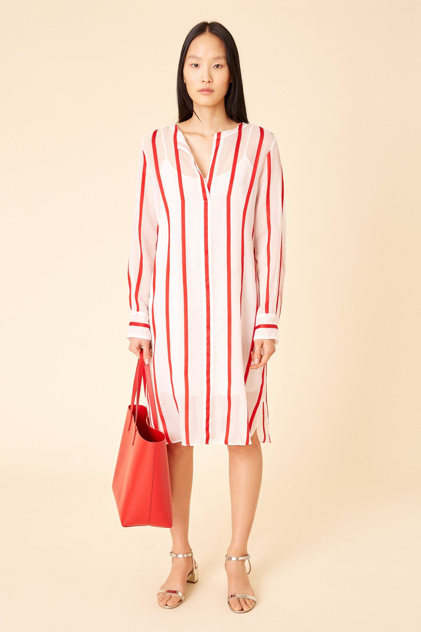 Italian cotton silk red and white stripe tunic dress.