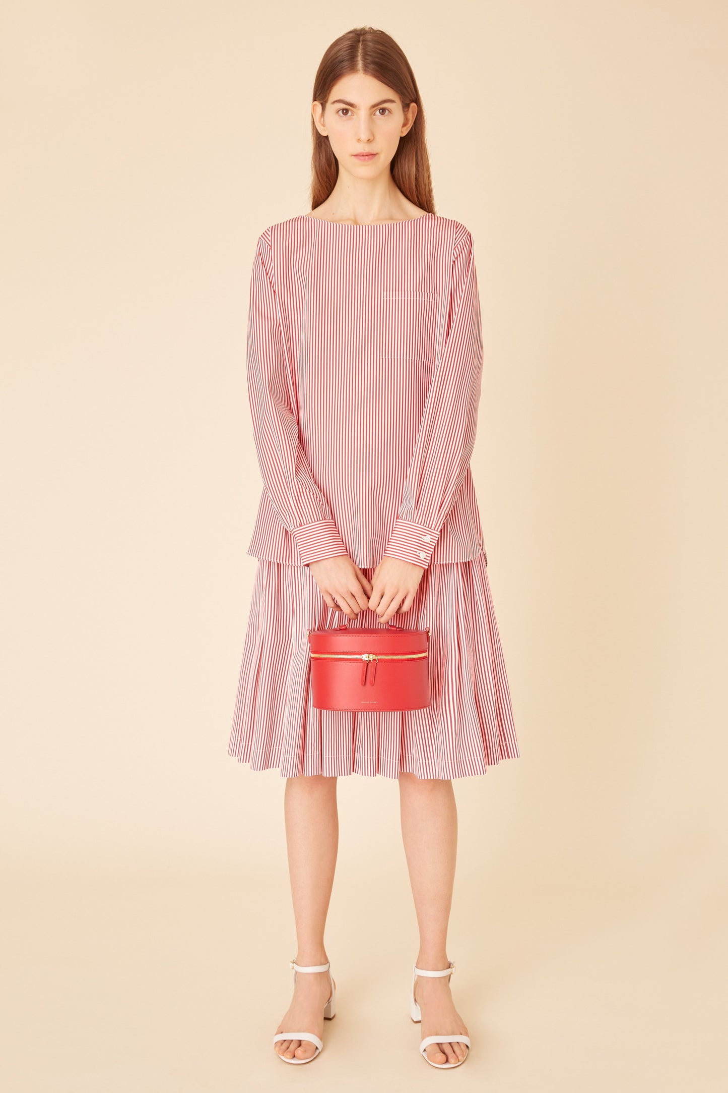 Cotton Stripe Collarless Shirt - Flamma/White