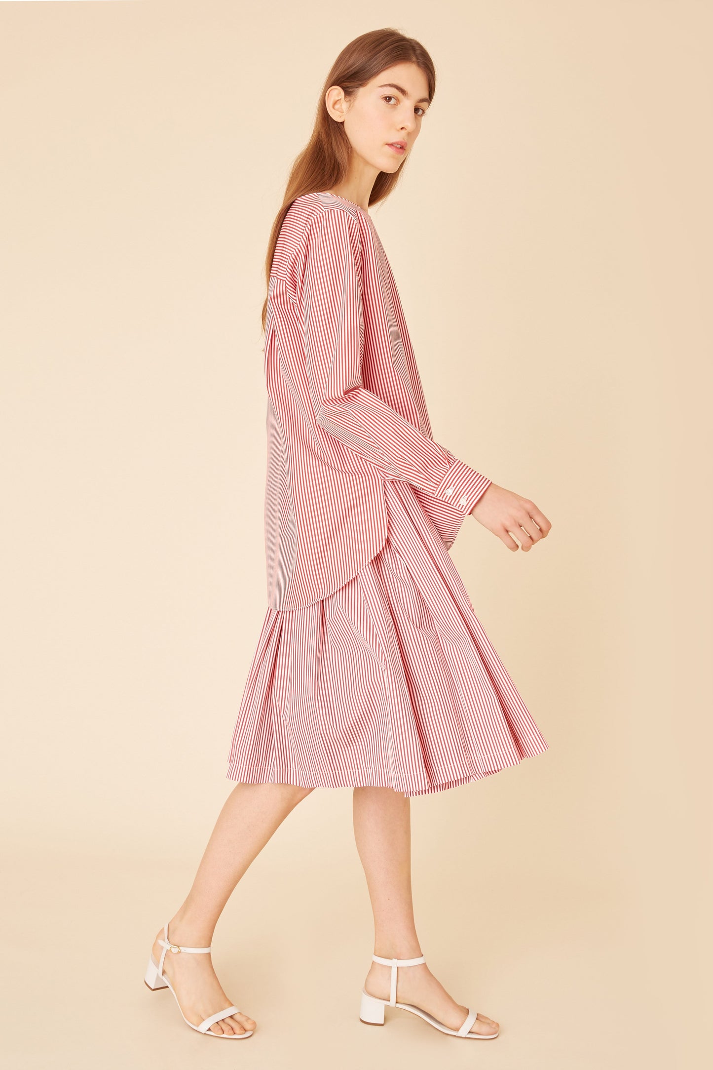 Italian cotton red and white striped collarless shirt.