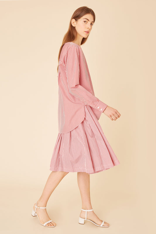 Italian cotton red and white striped collarless shirt.