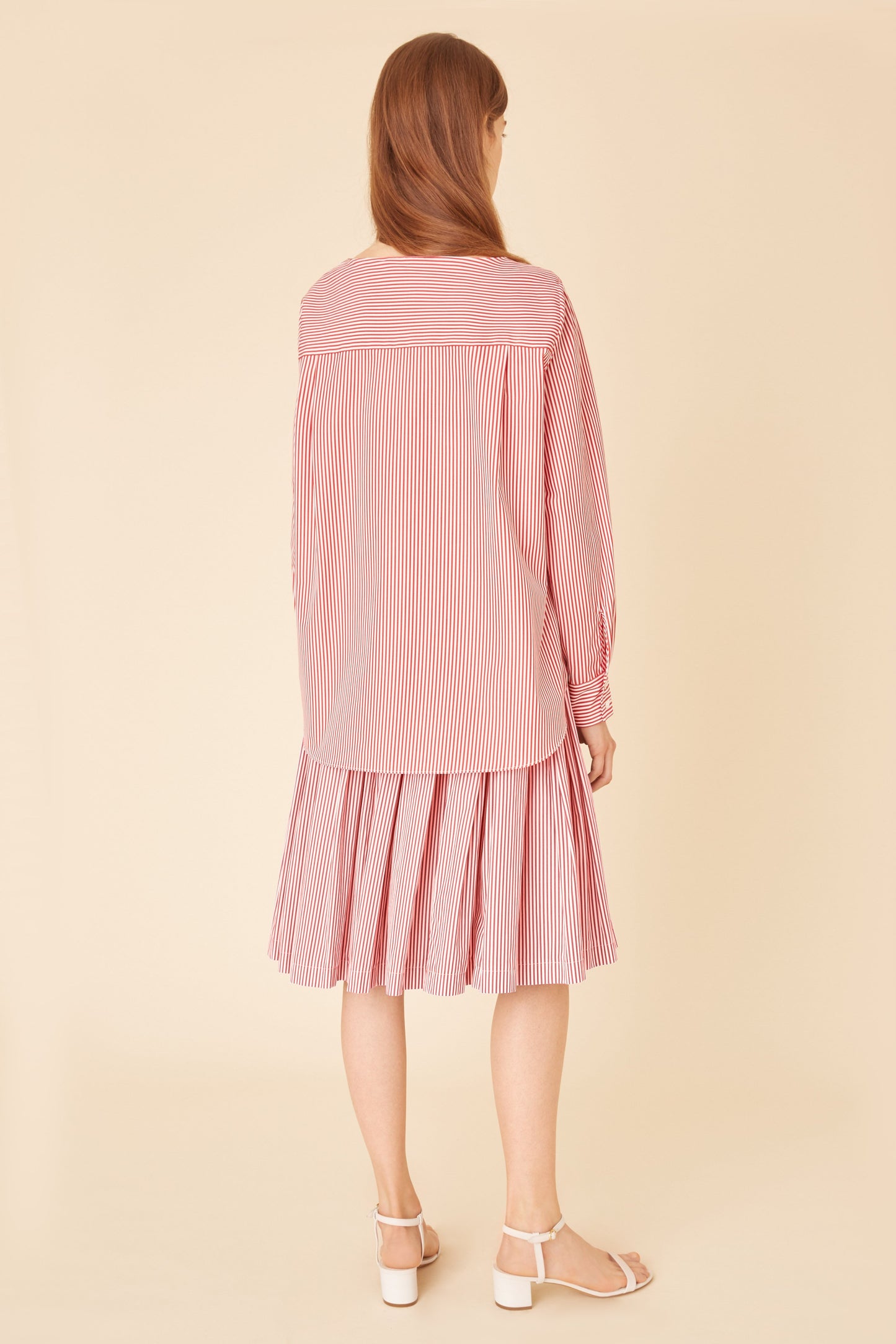 Cotton Stripe Collarless Shirt - Flamma/White
