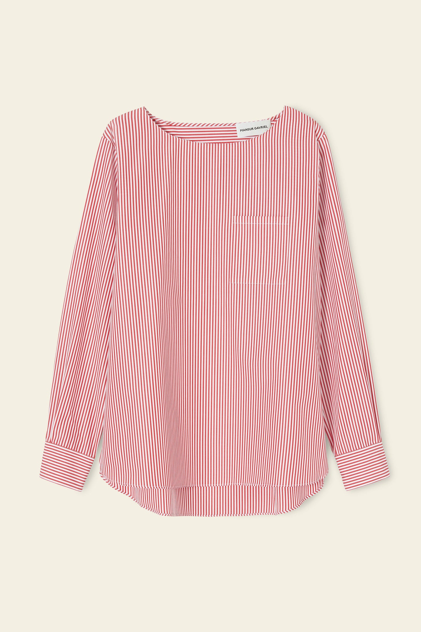 Cotton Stripe Collarless Shirt - Flamma/White