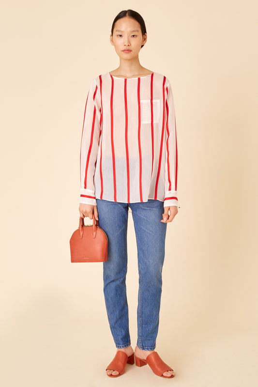 Italian silk voile red and white striped collarless shirt.