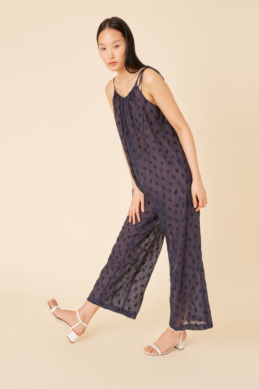 Floral Embroidered Linen Jumpsuit - Blu