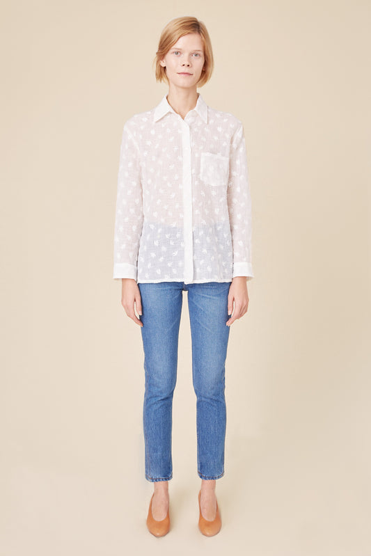 Floral Embroidered Linen Long Sleeve Button Down - White