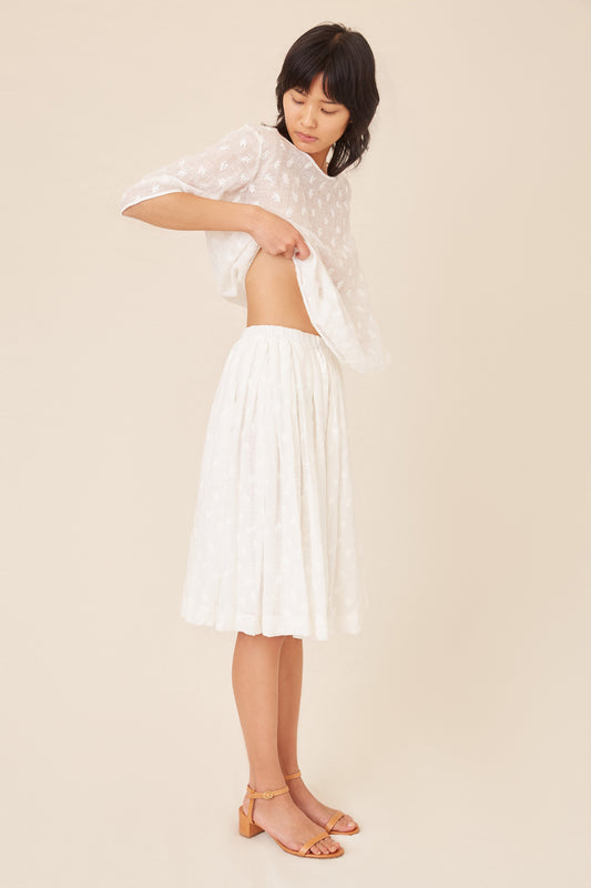 Floral Embroidered Linen Pleated Skirt - White