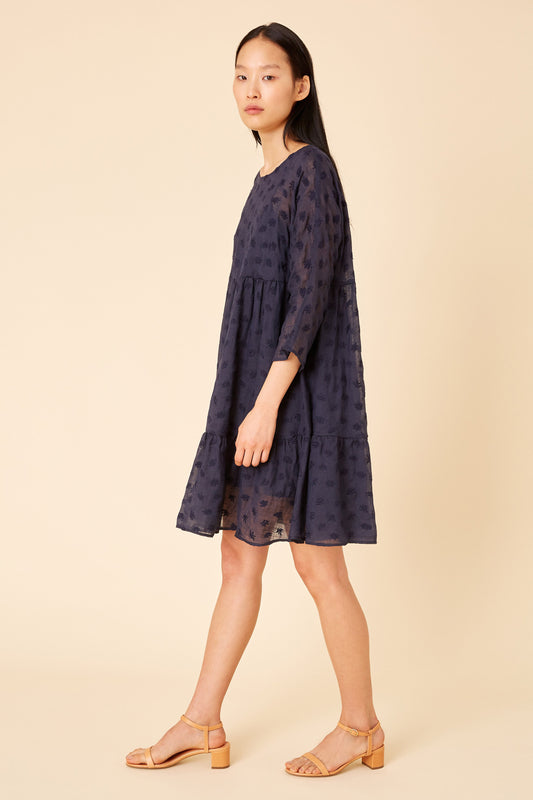 Floral Embroidered Linen Tiered Dress - Blu