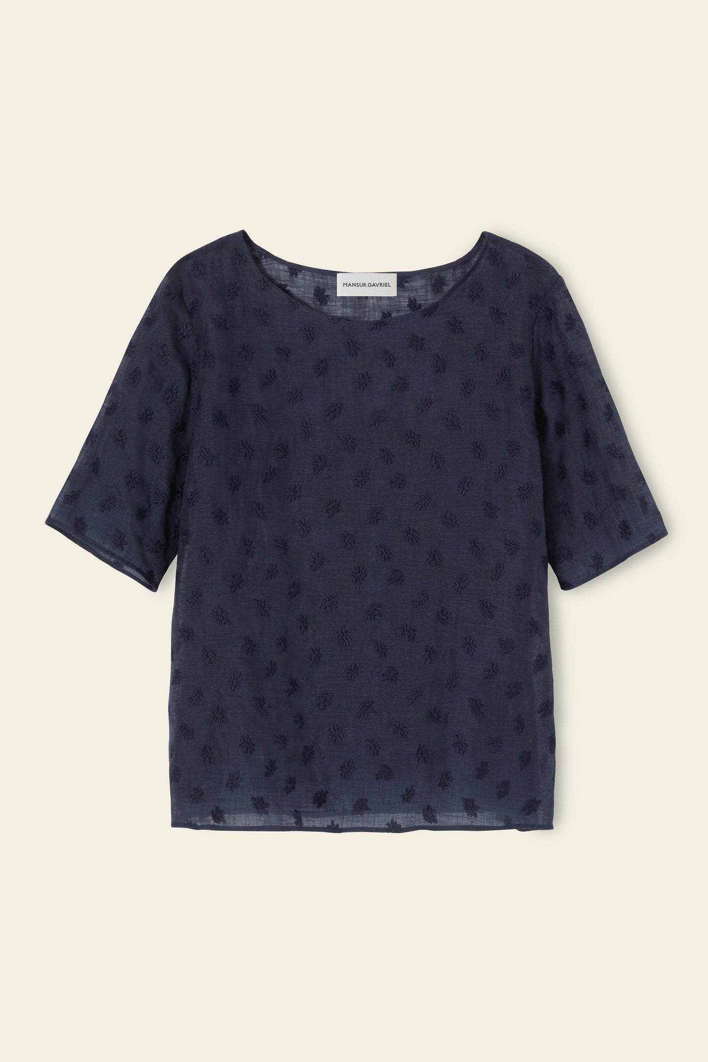 Floral Embroidered Linen Short Sleeve Blouse - Blu