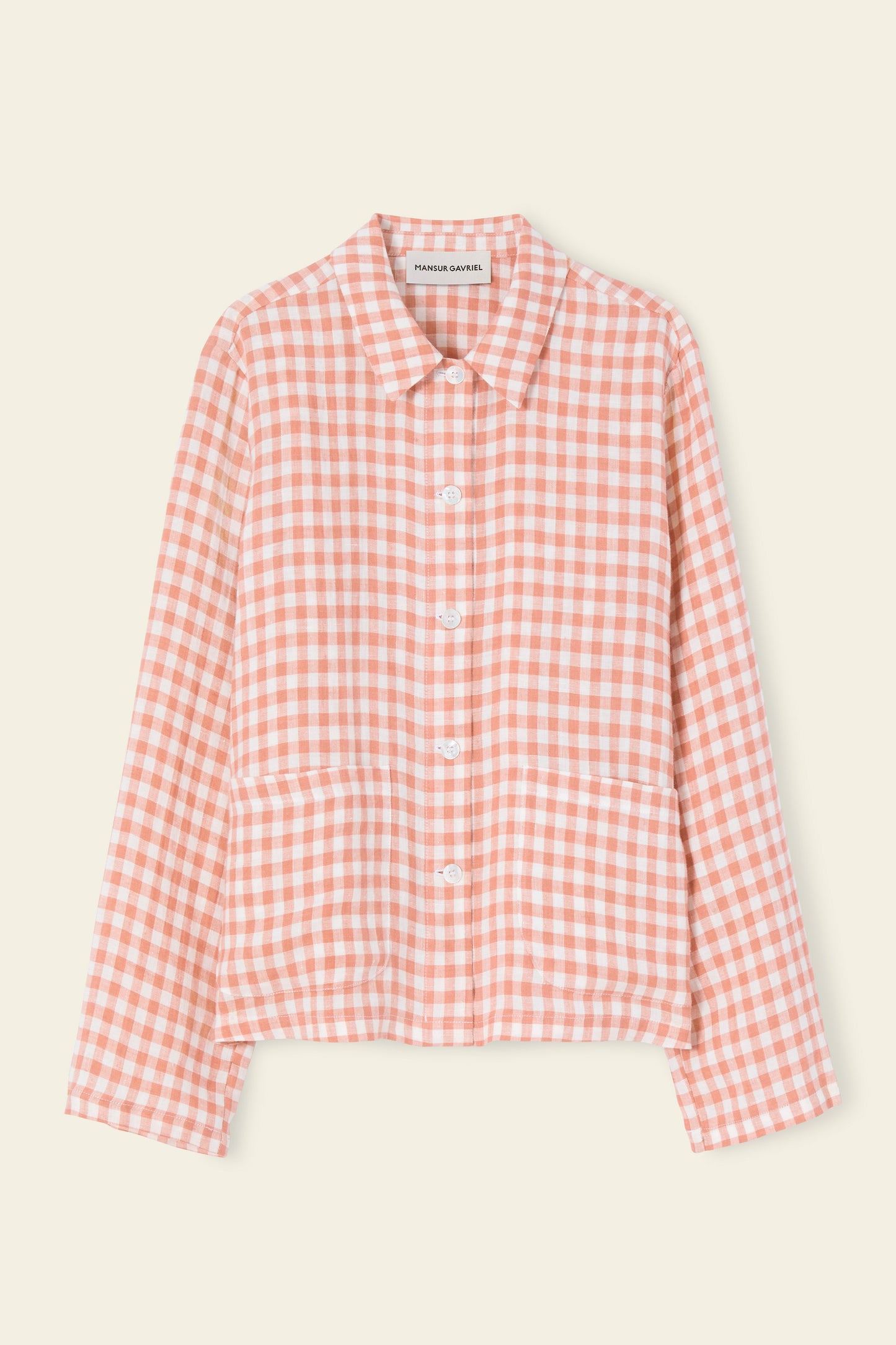 Italian linen gingham blush worker shirt.