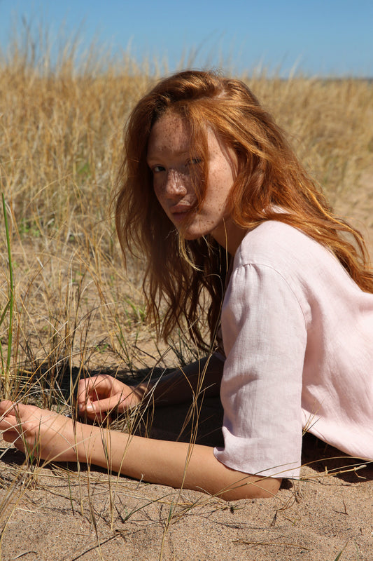 Italian linen blush short sleeve blouse.