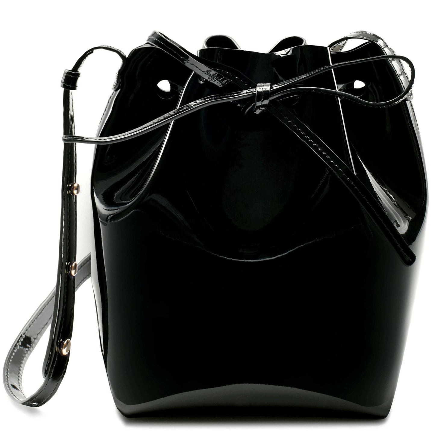 Italian patent leather black mini bucket bag with black matte patent interior.