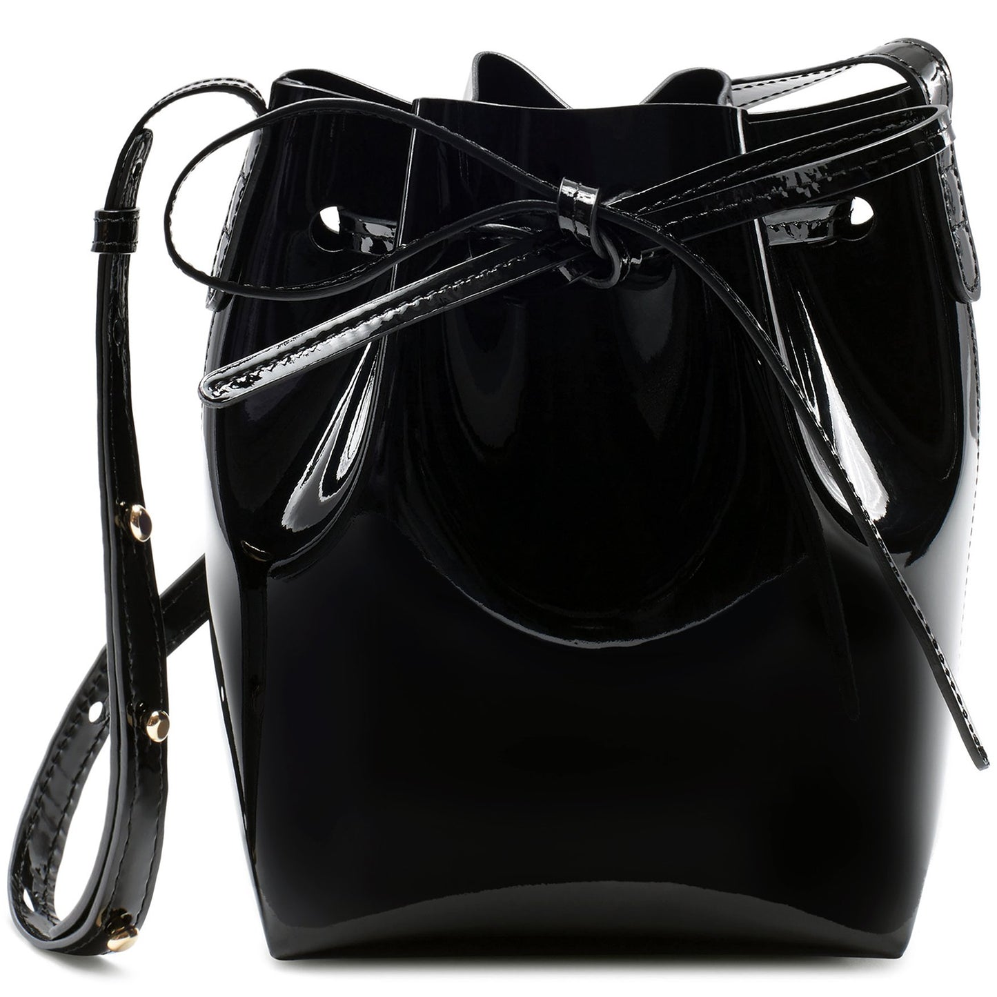Italian patent leather black mini mini bucket bag with black matte patent interior.