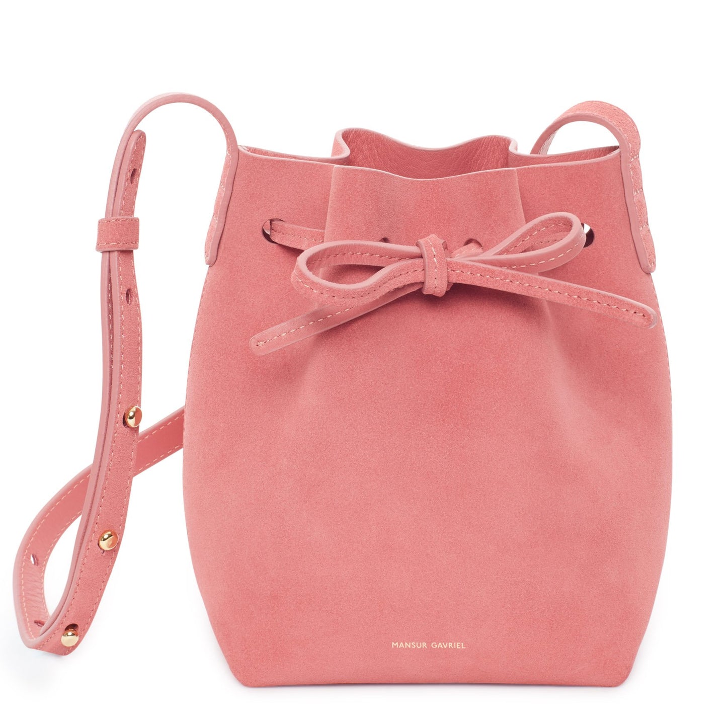 Italian suede leather blush mini mini bucket bag with raw interior.