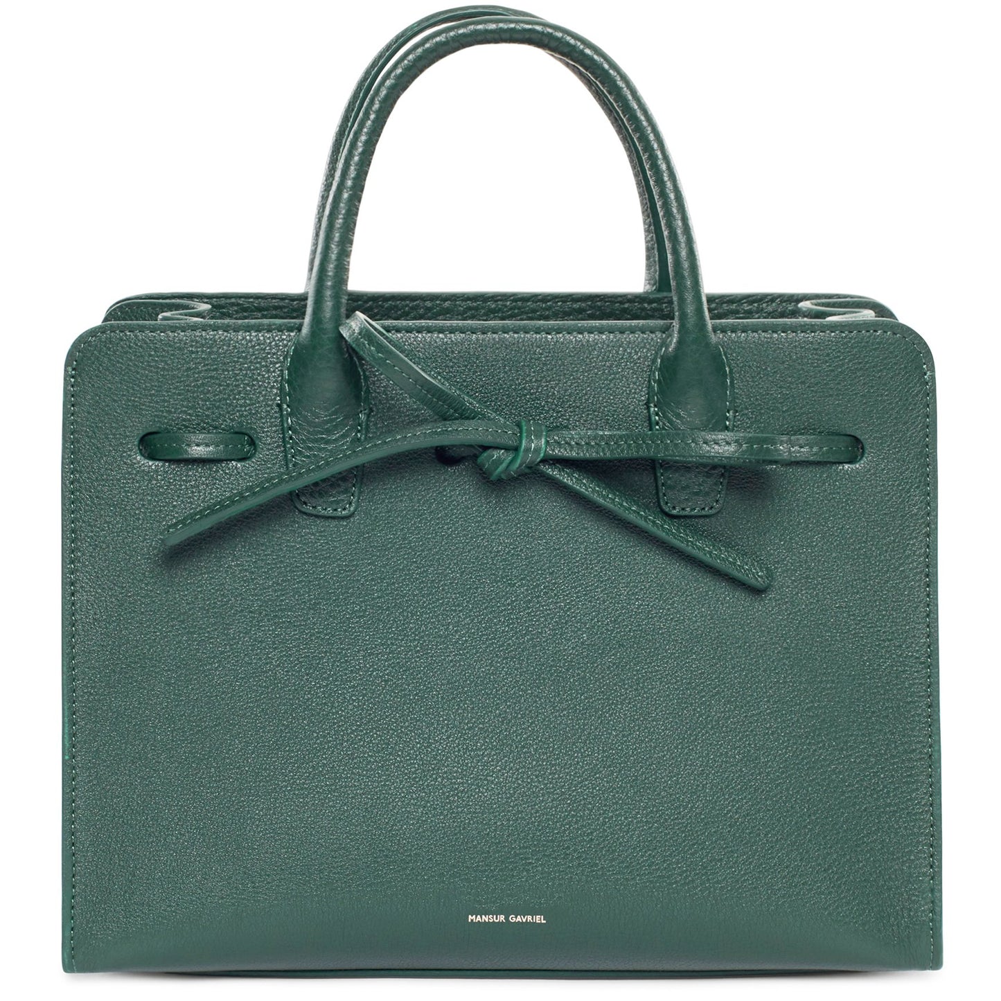 Italian tumbled leather green mini sun bag with beige canvas interior.