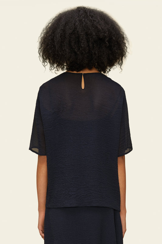 Wavy Silk Short Sleeve Blouse - Blu - Mansur Gavriel. Designed in NYC, made in Italy.