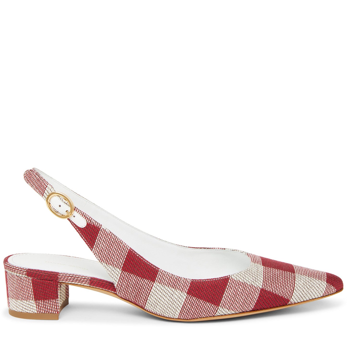 Italian cotton canvas checker red slingback heel with calf leather insole.