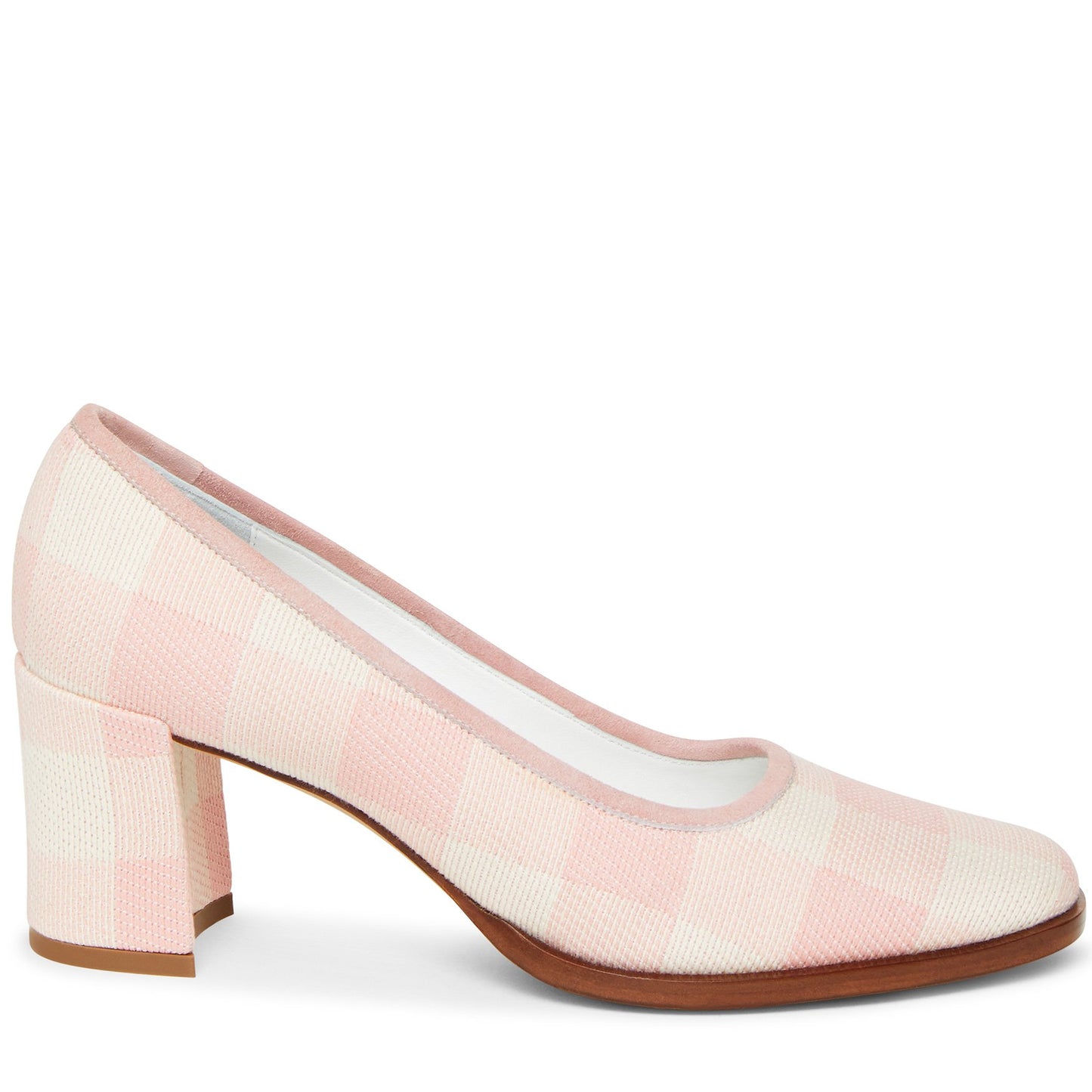 Italian cotton canvas checker coral square toe heel with calf leather insole.