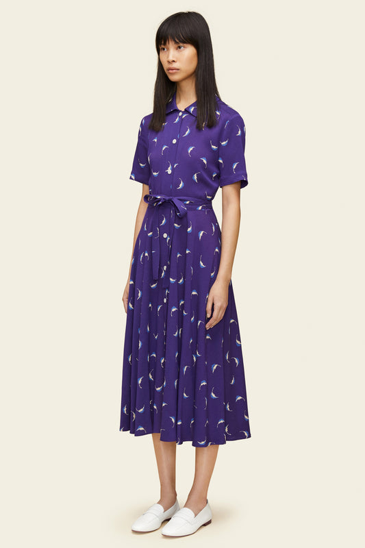 Vintage Short Sleeve Shirt Dress - Royal Blue Leaf - Mansur Gavriel. Designed in NYC, made in Italy.