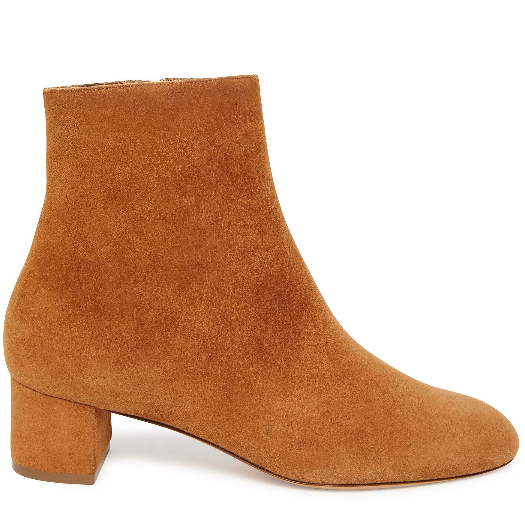 Italian shearling cammello mid ankle boot with tonal side zipper, shearling lining and insole.
