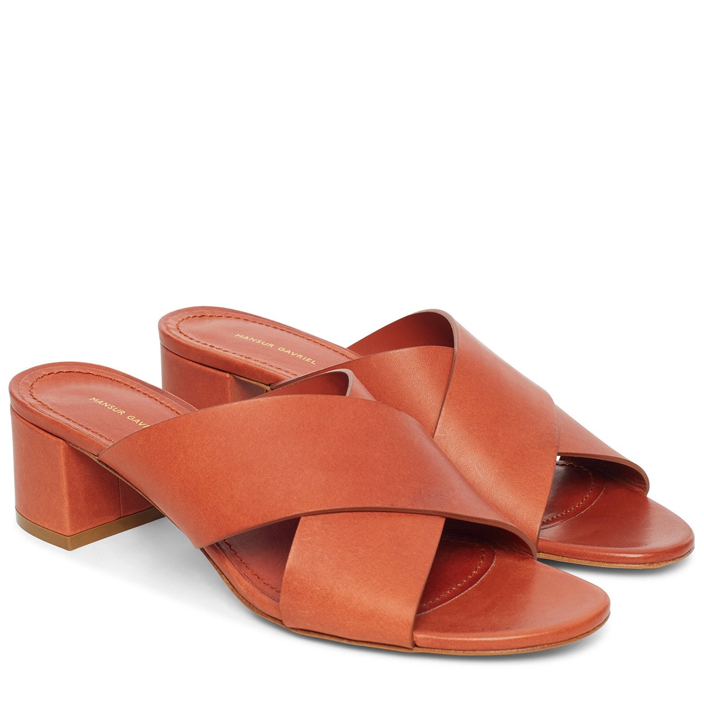 Vegetable Tanned 40mm Crossover Sandal - Brandy - Mansur Gavriel. Designed in NYC, made in Italy.