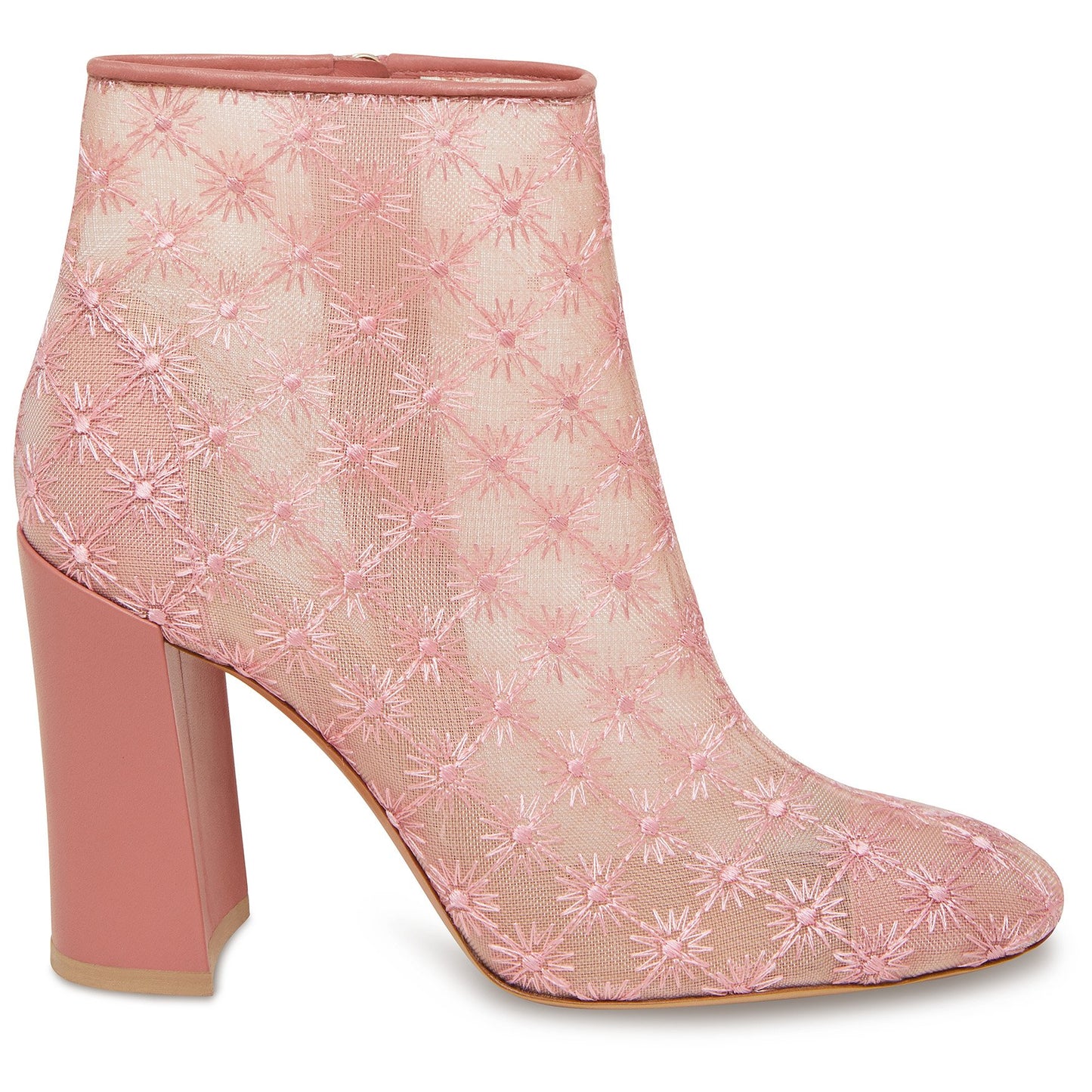 Italian floral embroidered blush nylon 95mm ankle boot.
