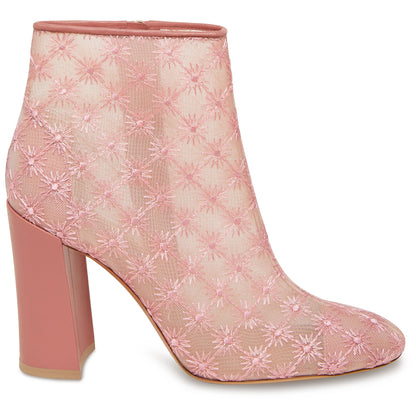 Italian floral embroidered blush nylon 95mm ankle boot.