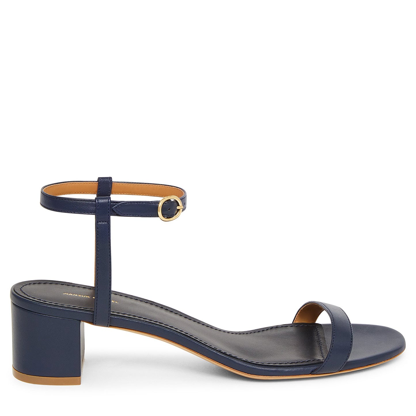 Italian lambskin leather navy ankle strap sandal with lambskin leather insole.