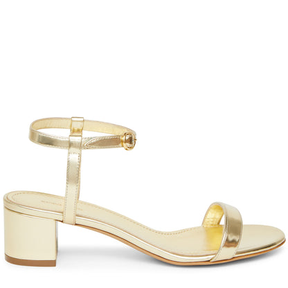Italian lambskin leather gold ankle strap sandal with lambskin leather insole.