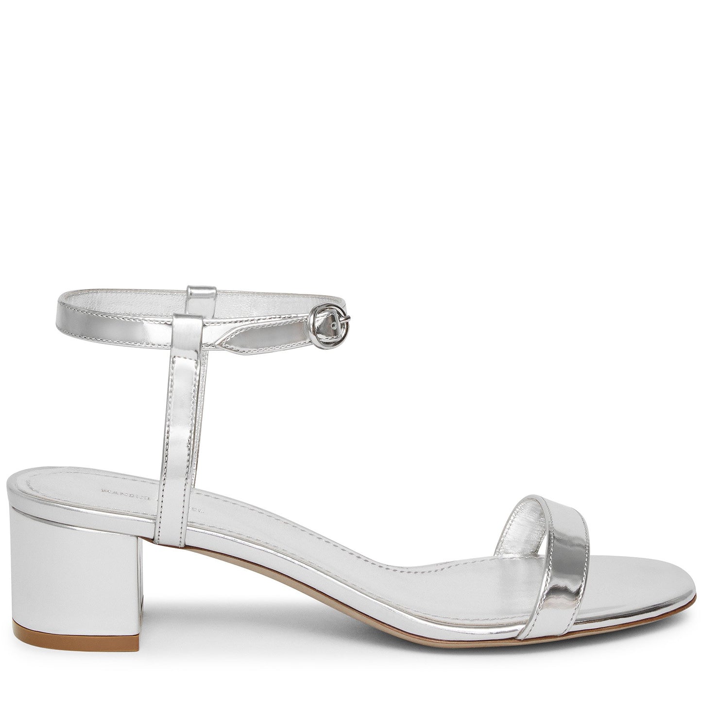 Italian lambskin leather silver ankle strap sandal with lambskin leather insole.