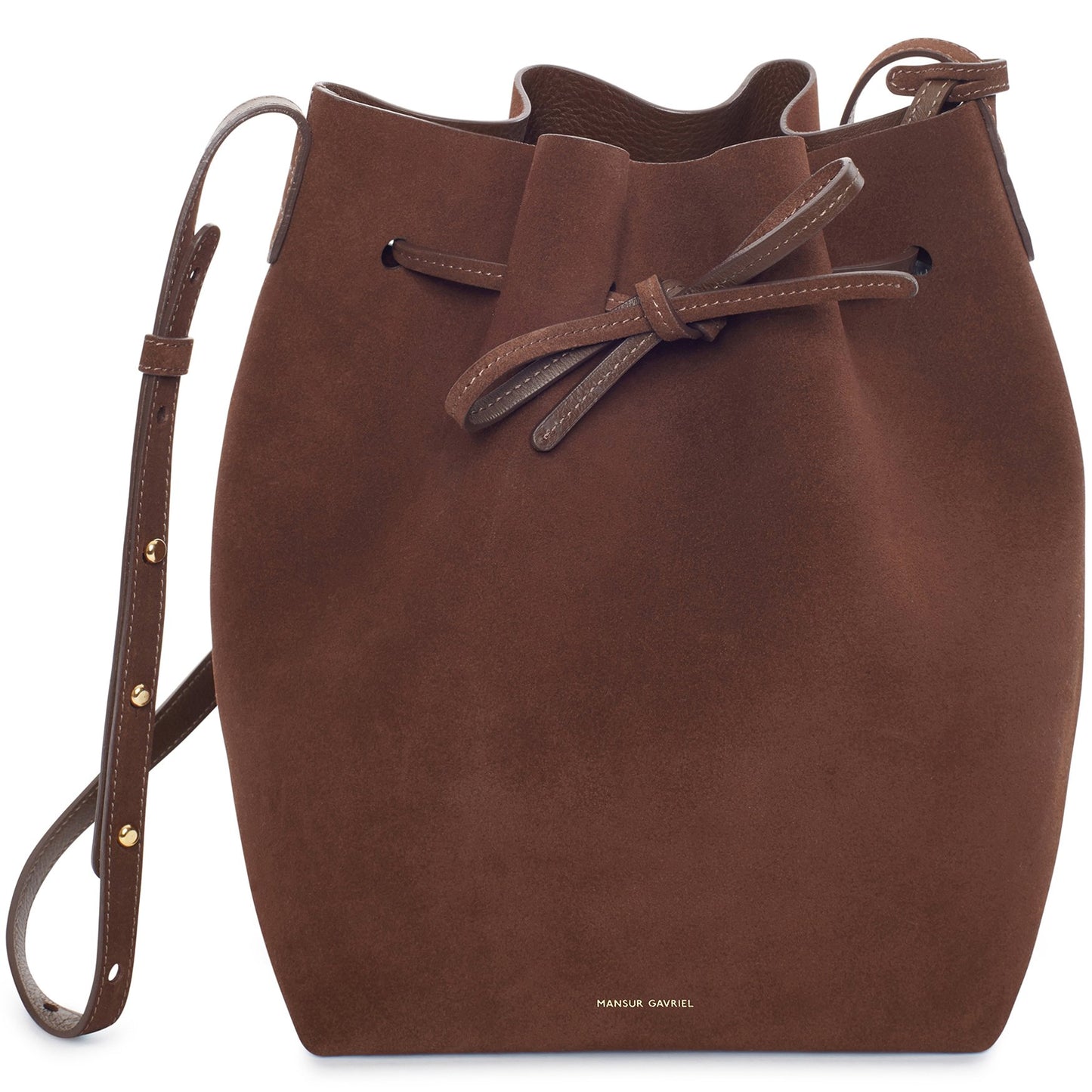 Italian suede leather chocolate bucket bag with raw interior.