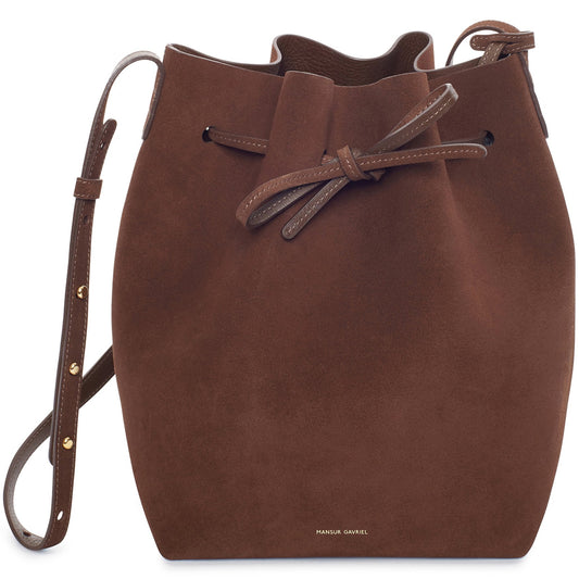 Italian suede leather chocolate bucket bag with raw interior.