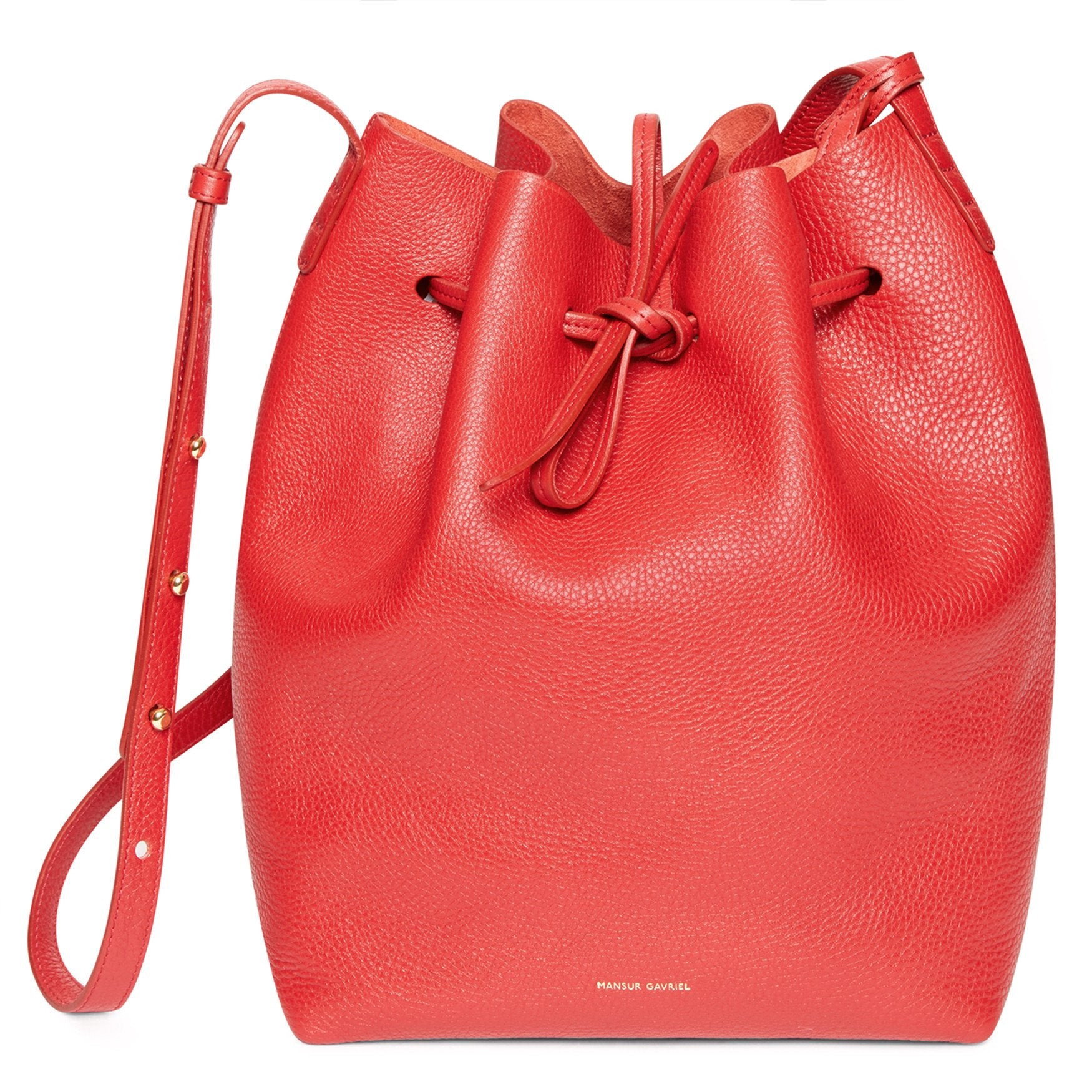 Italian tumbled leather flamma bucket bag with raw interior and detachable wallet.