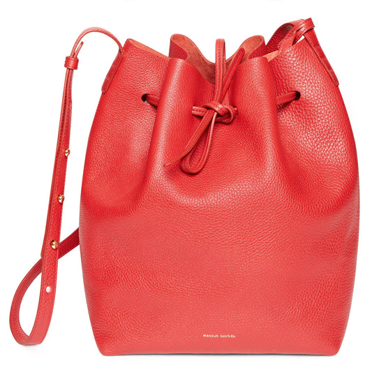 Italian tumbled leather flamma bucket bag with raw interior and detachable wallet.