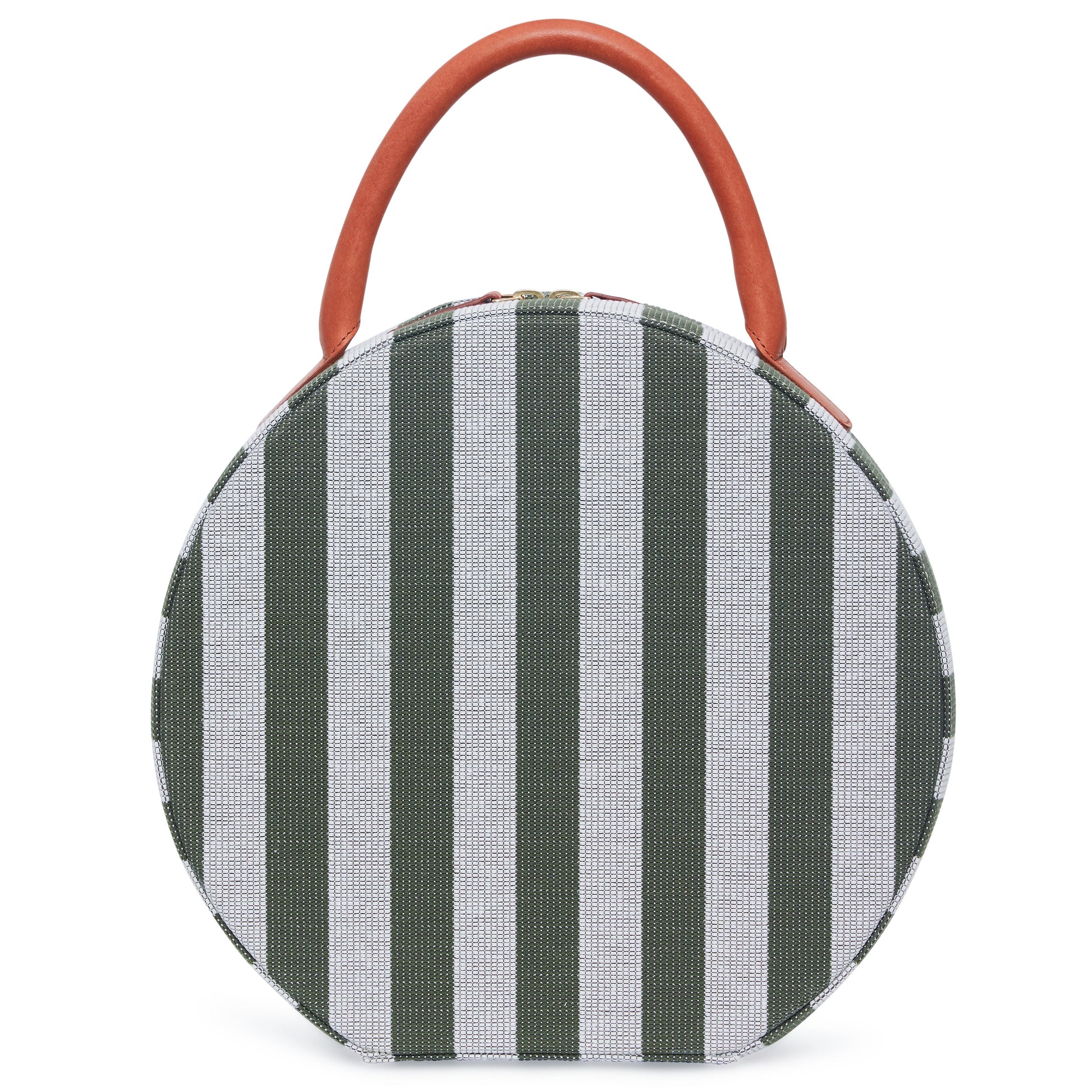 Italian cotton canvas moss and white stripe circle bag with beige canvas interior.
