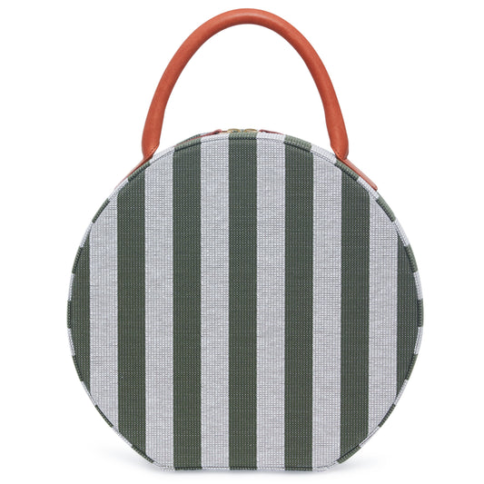 Italian cotton canvas moss and white stripe circle bag with beige canvas interior.