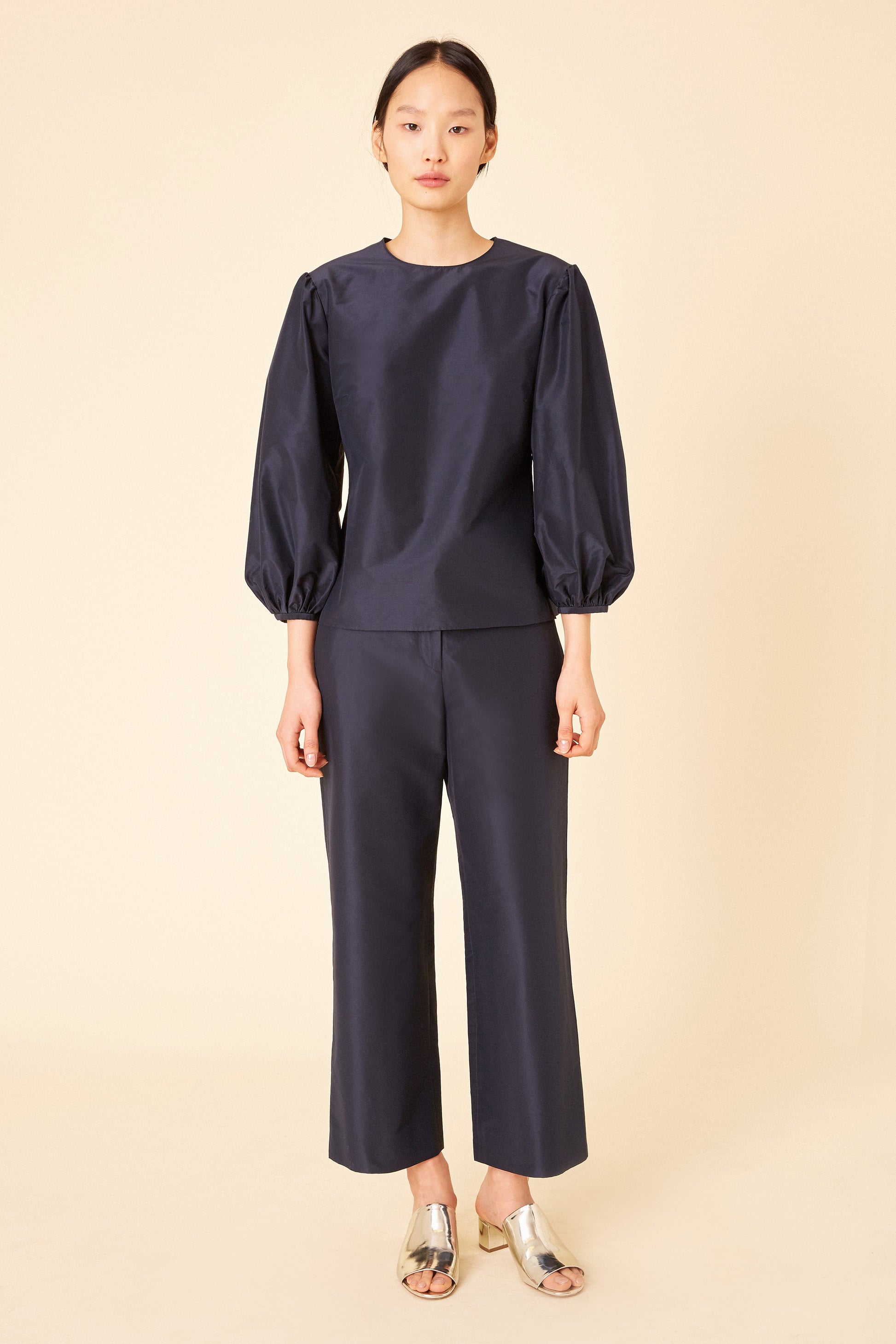 Italian cotton silk taffeta navy voluminous sleeve blouse.