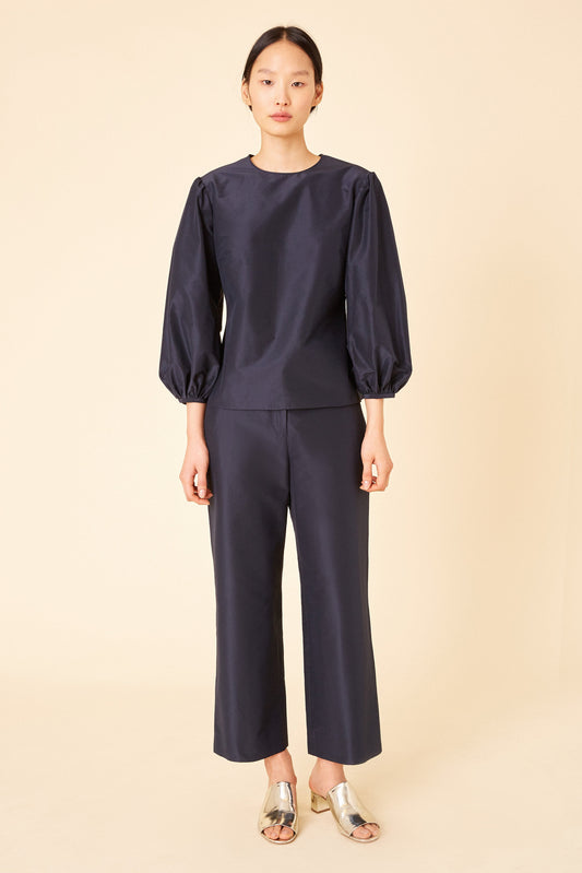 Italian cotton silk taffeta navy voluminous sleeve blouse.