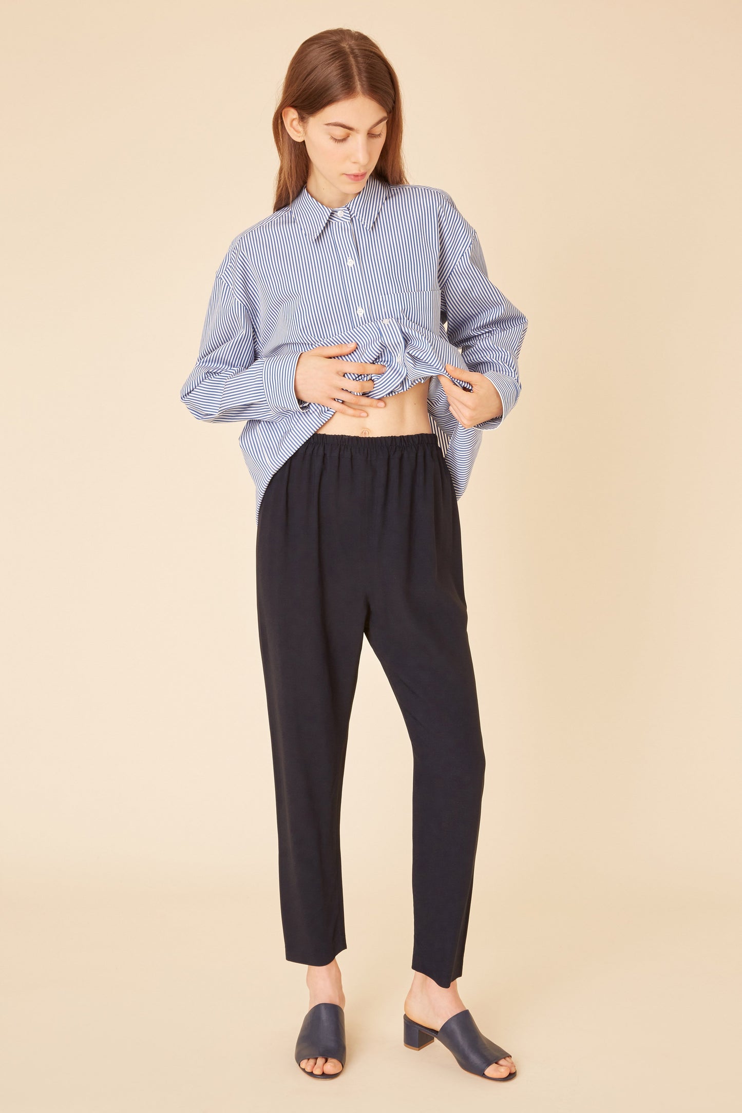 Italian crepe viscose navy elastic pant.