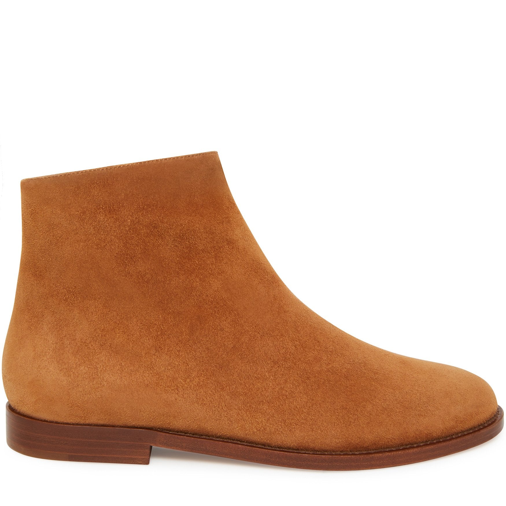 Italian shearling cammello mid ankle boot with tonal side zipper, calf leather lining and insole.