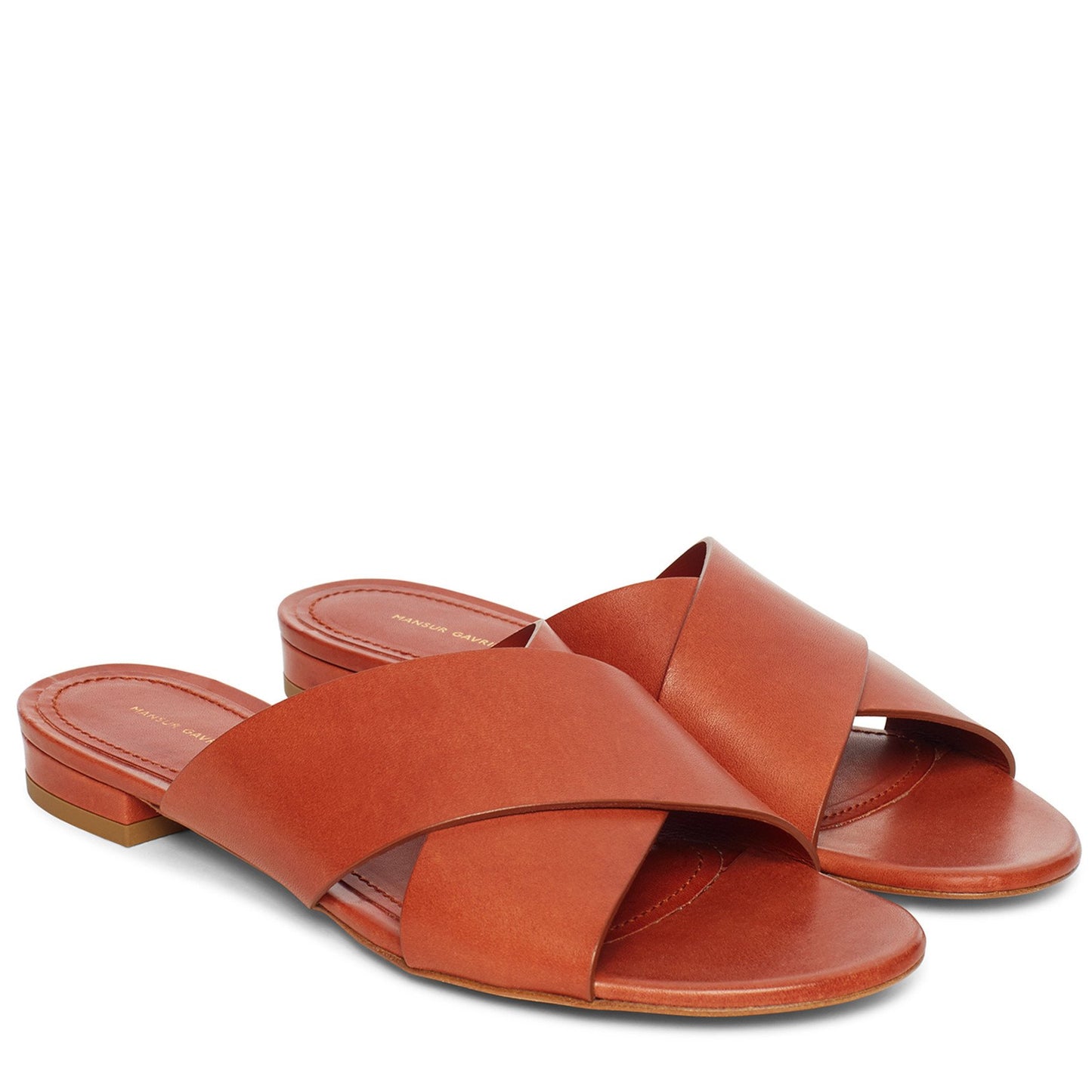 Vegetable Tanned Flat Crossover Sandal - Brandy - Mansur Gavriel. Designed in NYC, made in Italy.